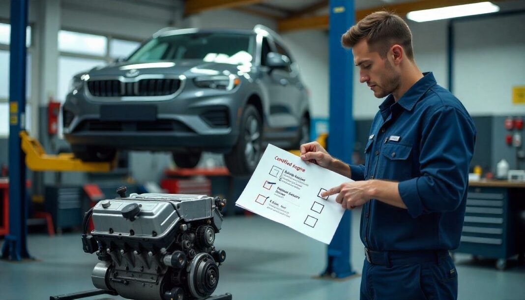 Mechaniker in moderner Werkstatt zeigt auf neuen und gebrauchten Ersatzmotor – Vergleich von Kosten, Risiken und zertifizierten Werkstätten